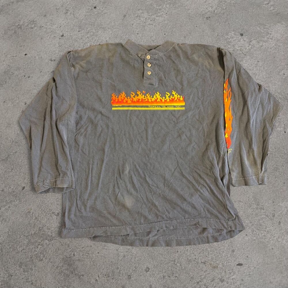 Y2K 2000’s Smoked Grey Flame Sleeve Henley Shirt Nature Mens Size XL